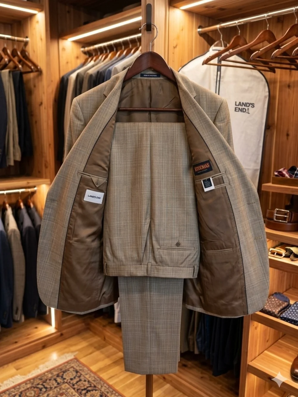 Lands End E.Thomas Super 130s Wool Suit 41R 36R Tan Plaid Italy Fabric Portugal